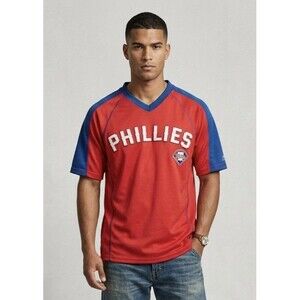True Fan MLB Philadelphia Phillies Jersey Shirt Mens M Red Blue Mesh V-Neck VTG